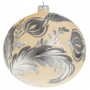 Boule de Noel verre ivoire décor florale 15 cm