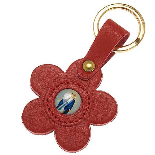 Porte-clefs cuir Vierge Miraculeuse fleur