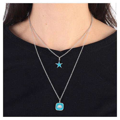 Collier double pendentifs etoile et coquillage email bleu ciel argent 925 Collection HOLYART