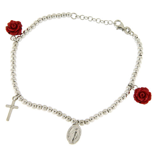 Bracelet grains 4 mm en argent 925 roses en resine croix et medaille