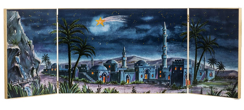 Fond crèche Noel paysage arabe triptyque bois 34x102