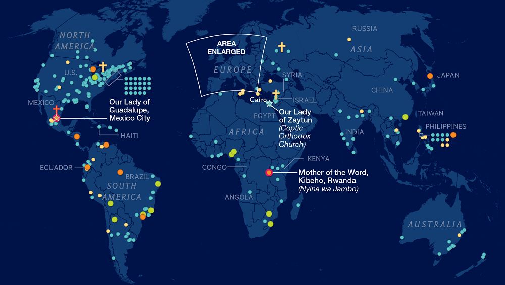 les dernières apparitions de la vierge dans le monde Carte des apparitions mariales dans le monde