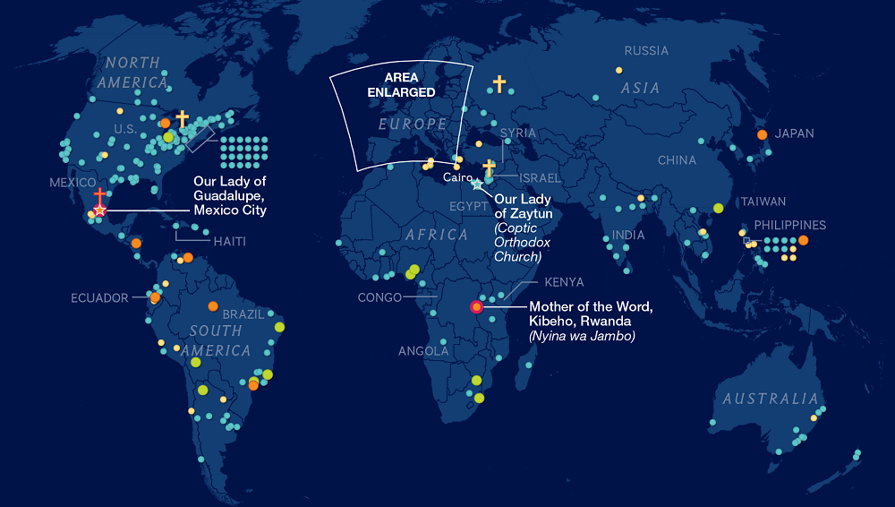 Carte des apparitions mariales dans le monde