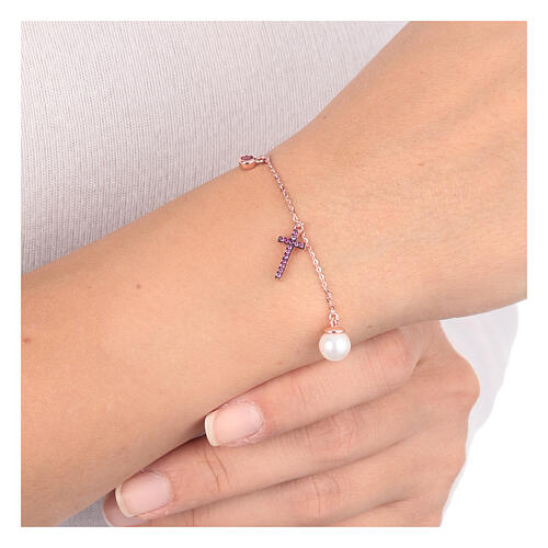 Bracelet AMEN perle croix et zircon mauve argent 925 rosé