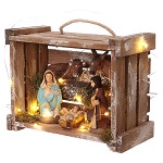 Caisse avec éclairage et poignée bois et mousse Nativité 10 cm Deruta 150x150