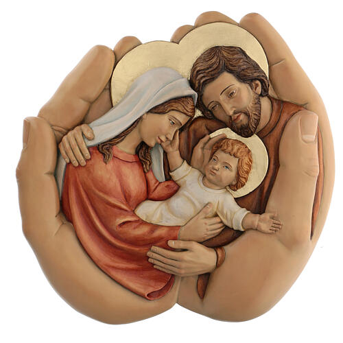 Sainte Famille dans les mains bois et couleurs à l'huile 40x40x5 cm