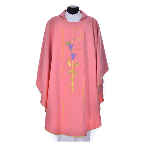 Chasuble liturgique rose 100% polyester Chi-Rho épis raisins