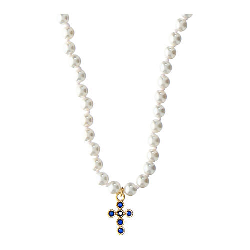 Collier perles blanches croix avec zircons bleux