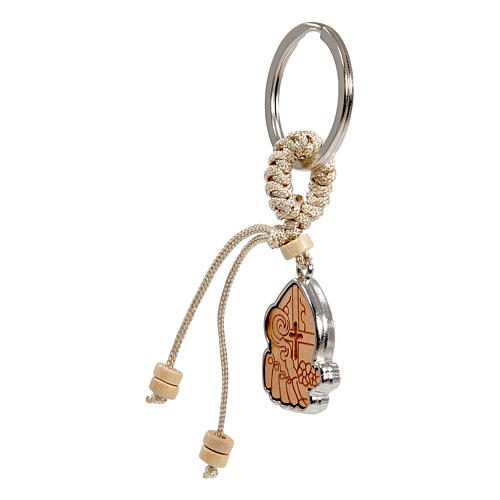 Porte-clé souvenir croix et mitre bois 3x2 cm